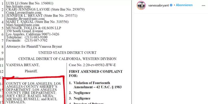 Vanessa, die Ehefrau der verstorbenen NBA-Legende Kobe Bryant (†41), veröffentlicht auf Instagram Namen von Polizisten, die illegal Leichen-Fotos verbreitet haben sollen. Kobe Bryant