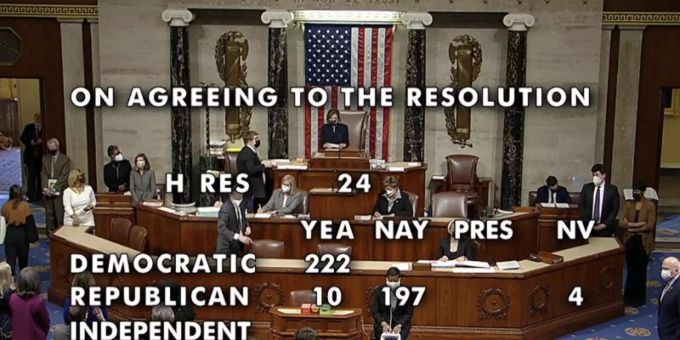 Mit 232 zu 197 Stimmen ist für ein Amtsenthebungsverfahren vom Präsident Donald Trump nach dem Sturm auf das Kapitol gestimmt worden. Foto: House Television/AP/dpa Mit 232 zu 197 Stimmen ist für ein Amtsenthebungsverfahren vom Präsident Donald Trump nach dem Sturm auf das Kapitol gestimmt worden. Foto: House Television/AP/dpa