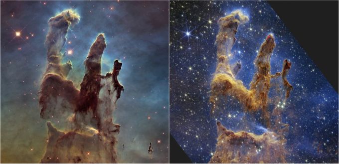 «Säulen der Schöpfung» durch das Hubble-Weltraumteleskop (links) und durch das James-Webb-Weltraumteleskop (rechts). Säulen der Schöpfung