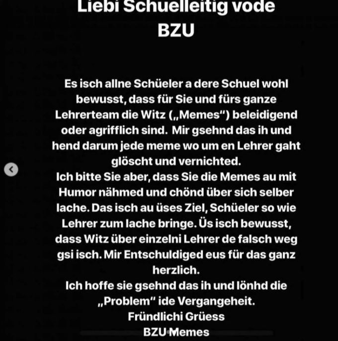 Mit diesem Statement entschuldigten sich die Betreiber der Seiter bei der Schulleitung des Bildungszentrums Uster ZH. Memes BZU USter