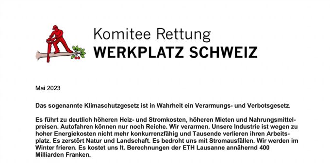 Dieser Flyer zum «Klimaschutz-Gesetz» landete in allen Briefkästen der Schweiz: Dabei greift das «Komitee Rettung Werkplatz Schweiz» selbst auf Verschleierungstaktiken zurück. Flyer Komitee Klimaschutz-Gesetz