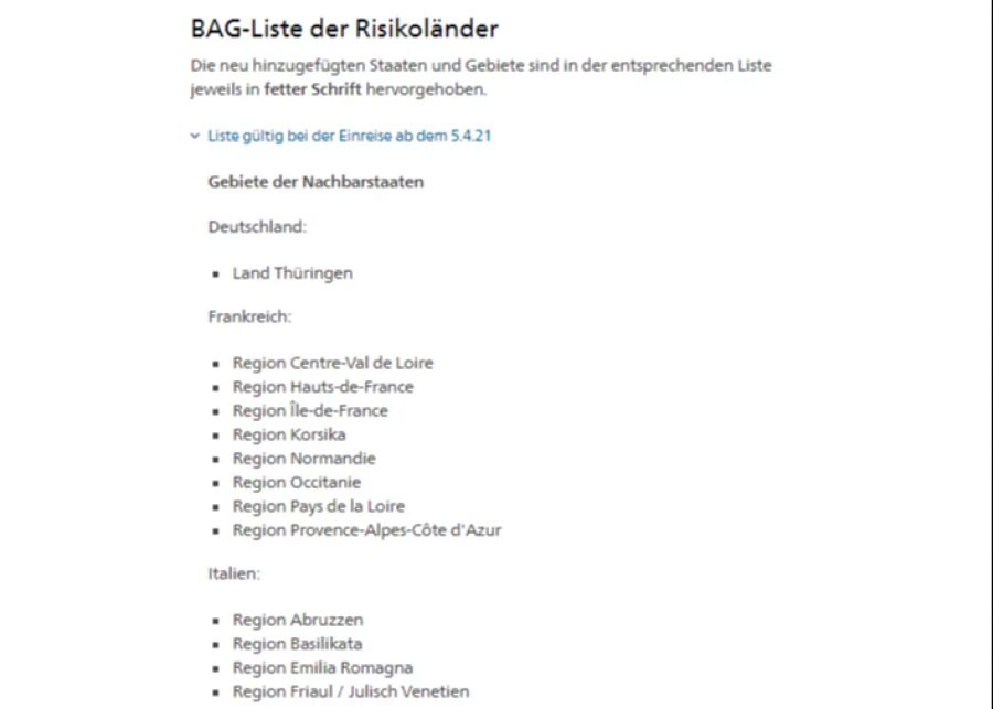 Das BAG hat die neue Quarantäneliste publiziert, die nach Ostern gilt.