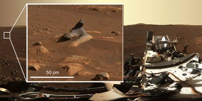 Der Bildausschnitt von dem Stein, der im ersten 360-Grad-Panorama des Mastcam-Z-Instruments zu sehen ist, zeigt, wie viele Details von den Kamerasystemen, das sich Bord des US-Rover «Perseverance» der US-Raumfahrtbehörde Nasa befindet, erfasst werden können. Nasa-Rover «Perseverance»