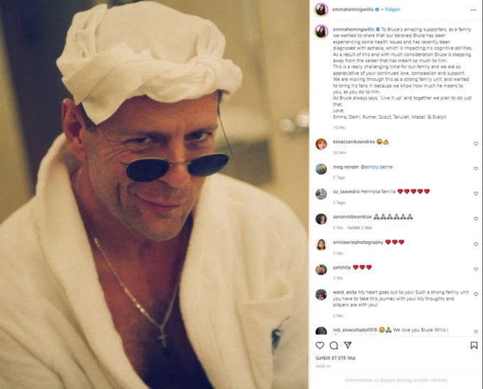 Die Ehefrau von Bruce Willis äussert sich auf Instagram zu seiner Diagnose. bruce willis