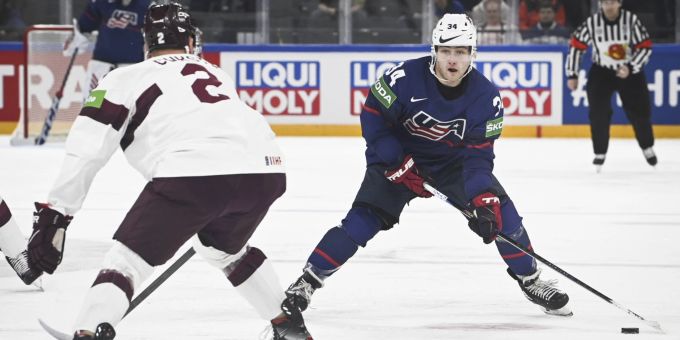 Der US-Amerikaner Thomas Bordeleau während der Partie gegen Lettland, USA Lettland