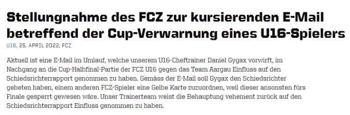 Die Stellungnahme des FC Zürich zu den Anschuldigungen. FCZ