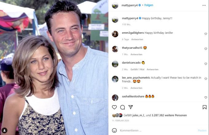 Matthew Perry zu seinen aktiven Friends-Zeiten mit Jennifer Aniston. Matthew Perry Aniston