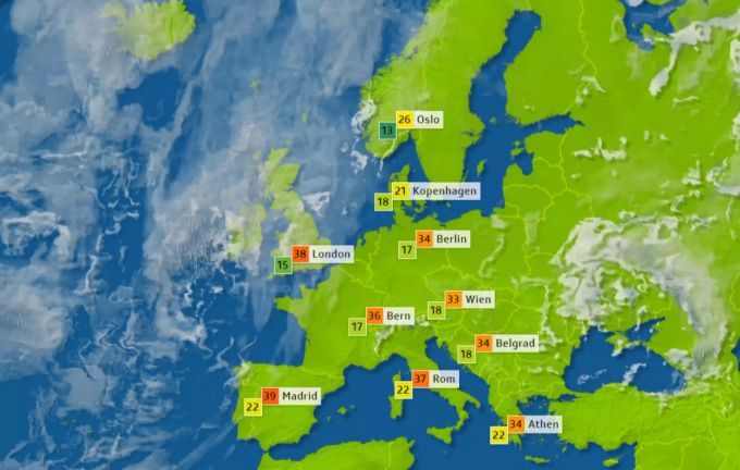 Das Europa-Wetter am Donnerstag: Mit 36 Grad wird es in Bern sogar heisser als in Athen (34 Grad). wetter