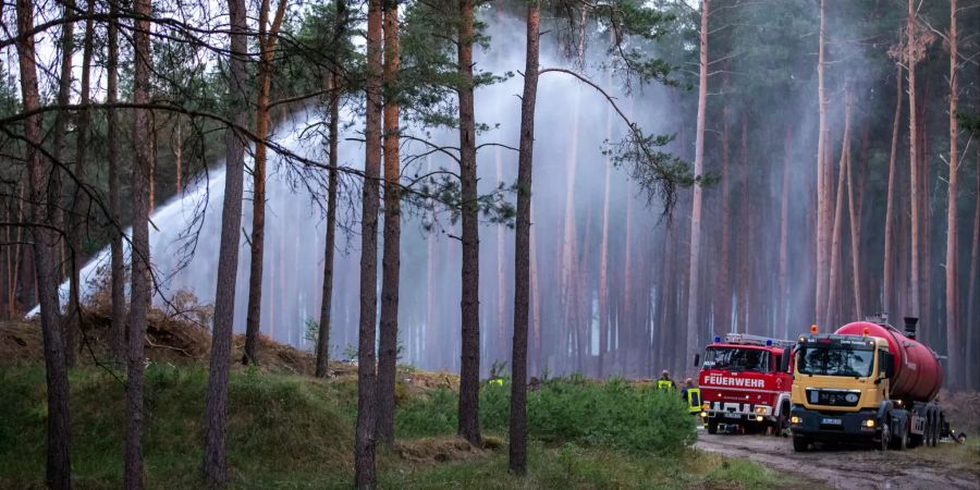 Feuerwehrleute löschen in der Nähe der evakuierten Ortschaft Alt Jabel einen grossflächigen Waldbrand.