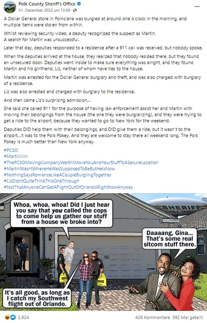 Das Büro des Sheriffs veröffentlichte die Geschichte auf Facebook. polk polkey