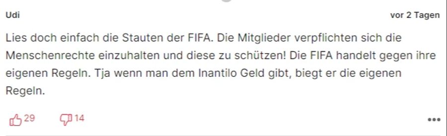 «Udi» ermahnt die Fifa, ihre eigenen Regeln einzuhalten.