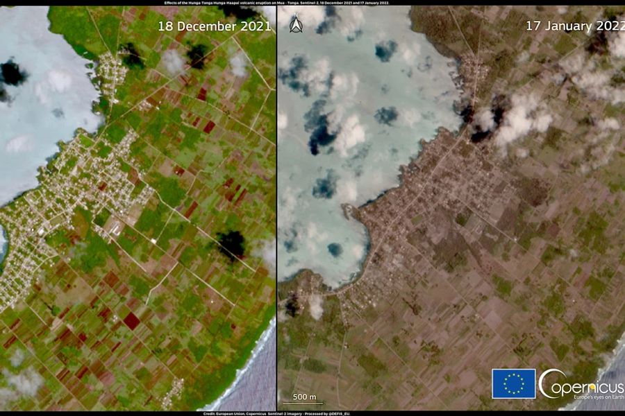 Ein Handout-Satellitenbild, das von Copernicus, dem Erdbeobachtungsprogramm der Europäischen Union, zur Verfügung gestellt wurde, zeigt die Auswirkungen des Vulkanausbruchs des Hunga-Tonga H