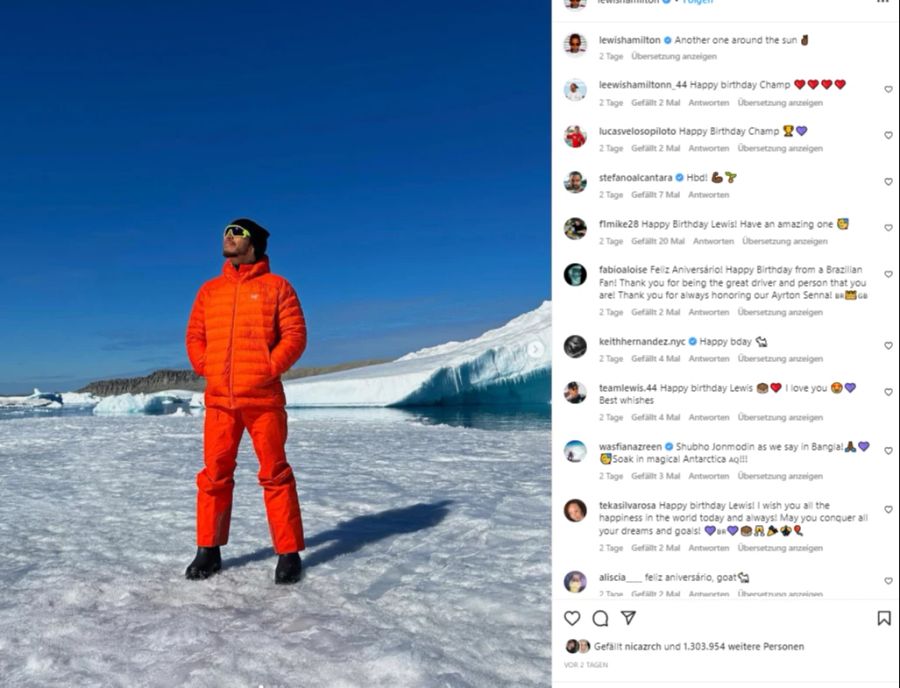 Lewis Hamilton teilt auf Instagram Bilder von seiner Reise in die Antarktis.