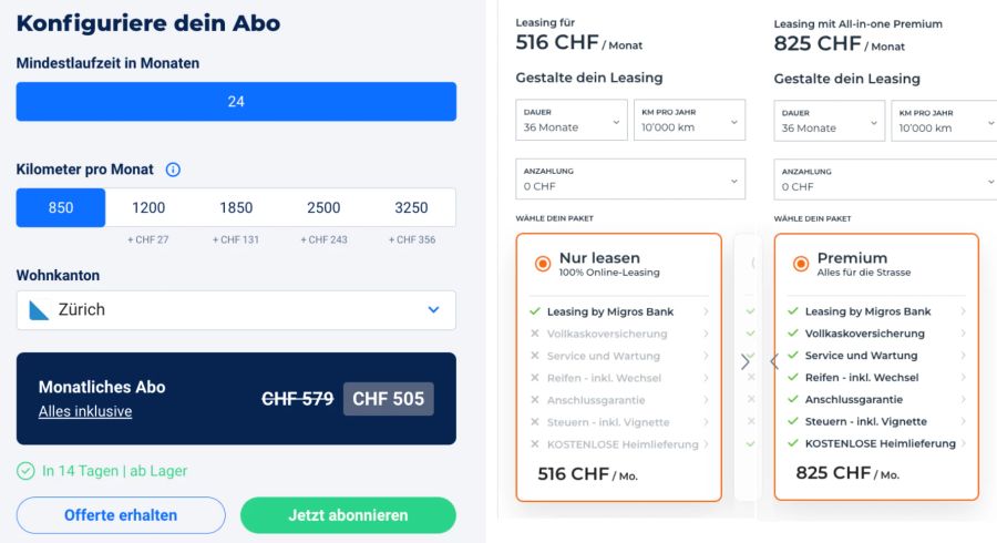 Vergleich von Auto-Abo (links) und Leasing Angebot mit all-in-one Premium (ganz rechts) zeigt den finanziellen Vorteil vom Auto im Abo.
