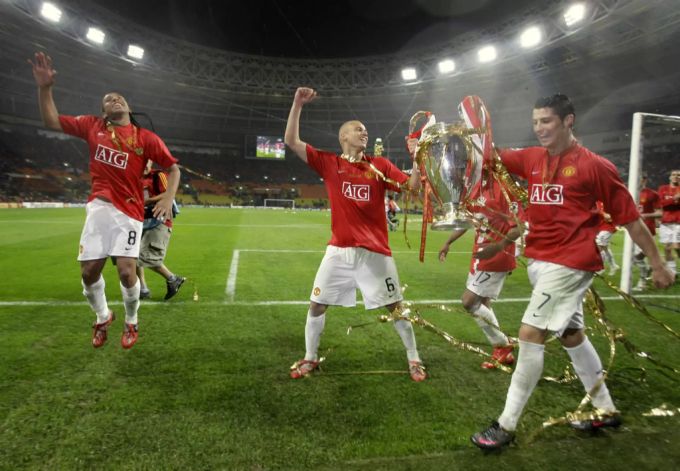 Die Spieler von Manchester United freuen sich über den Champions-League-Titel. Manchester United