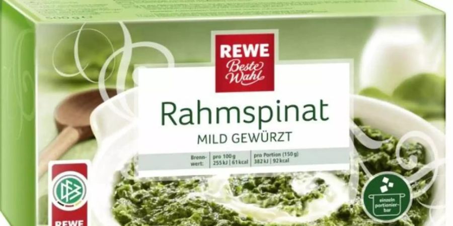 Der Tiefkühlkost-Hersteller Ardo ruft zwei Chargen Tiefkühlspinat des Typs «REWE Beste Wahl, Rahmspinat portioniert mild gewürzt, 500g» zurück. Foto: Verbraucherinformation der ARDO GmbH/dpa-infocom