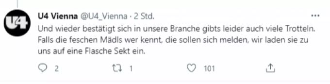 Der Club «U4» kritisiert das «Vie i Pee» via Twitter. U4 Club Wien