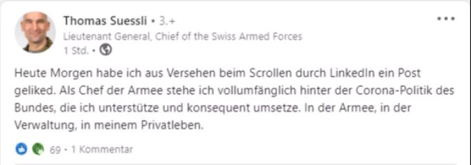 Thomas Süssli erklärt seinen Like eines Beitrags mit Ueli Maurer im «Freiheitstrychler»-Shirt Ueli Maurer