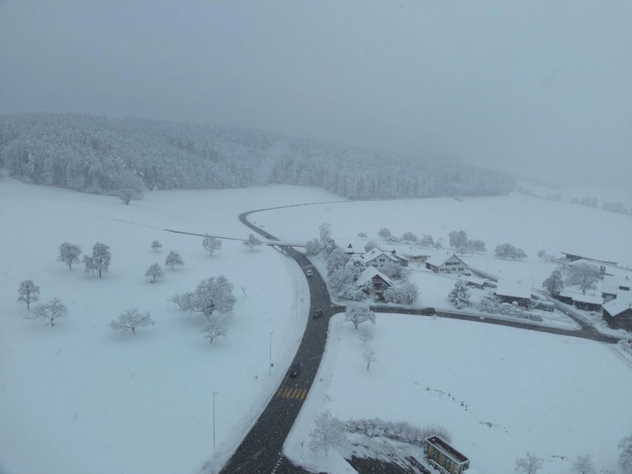 Drohnenaufnahmen zeigen den Schnee in der Gegend bei Forch ZH.