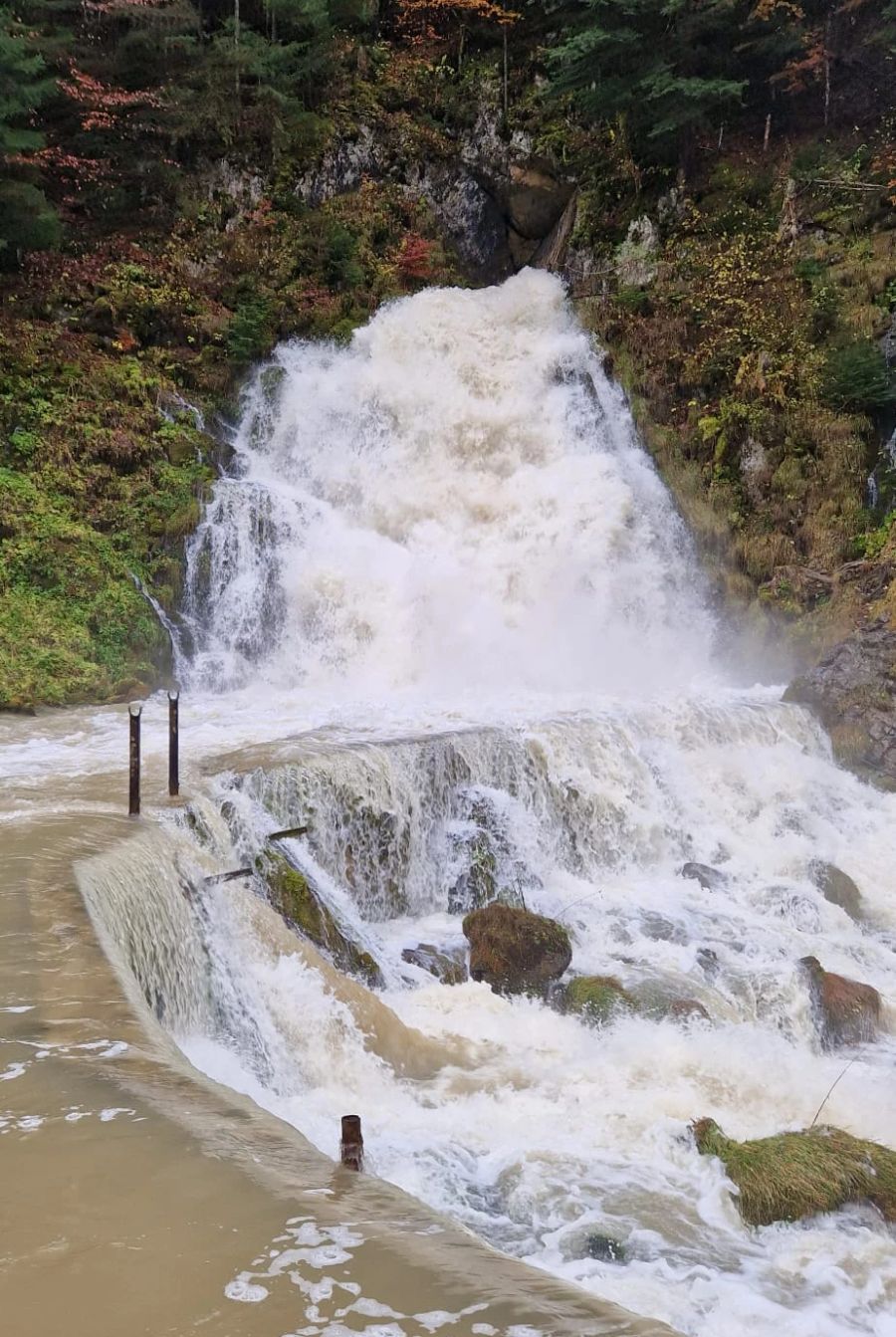 Der Wasserfall, für den Jaun auch bekannt ist, führt überaus viel Wasser.