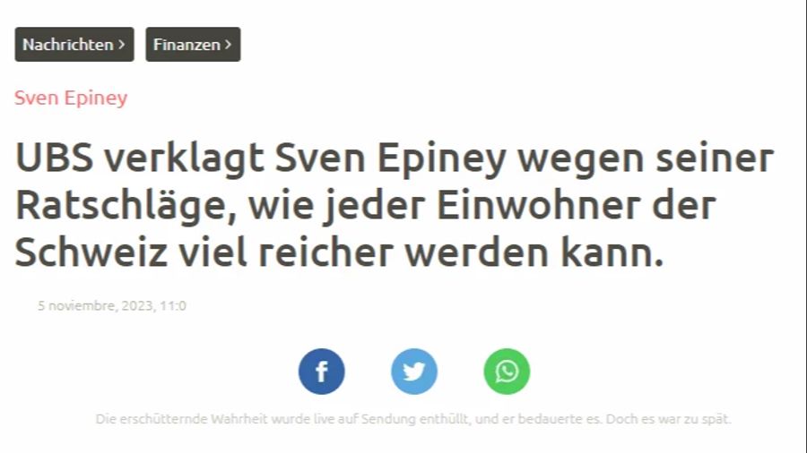 So sieht der Titel eines gefälschten Interviews aus, das Schweizerinnen und Schweizer dazu bringen will, Geld zu überweisen.