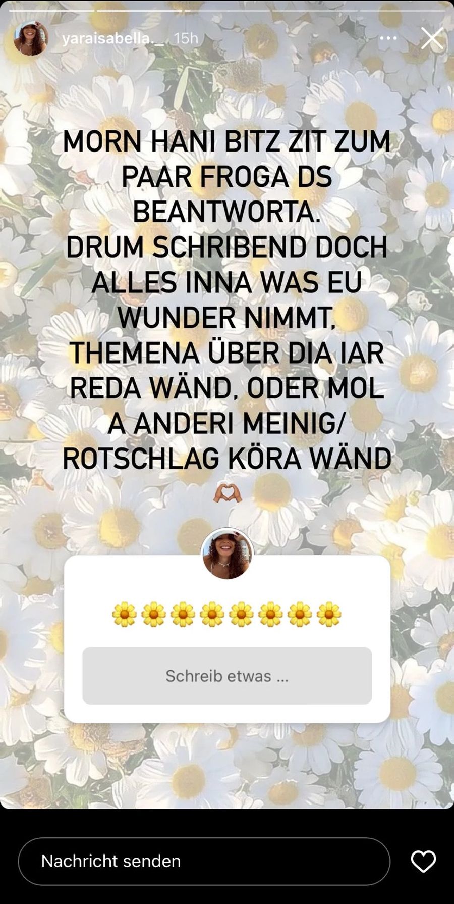 Yara Buol startet für ihre Follower eine Fragerunde.