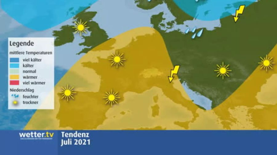 Bei der Tendenz im Juli zeigt das Modell einen Höhenrücken, der heisse Luft aus dem Mittelmeer in die Schweiz führen könnte.