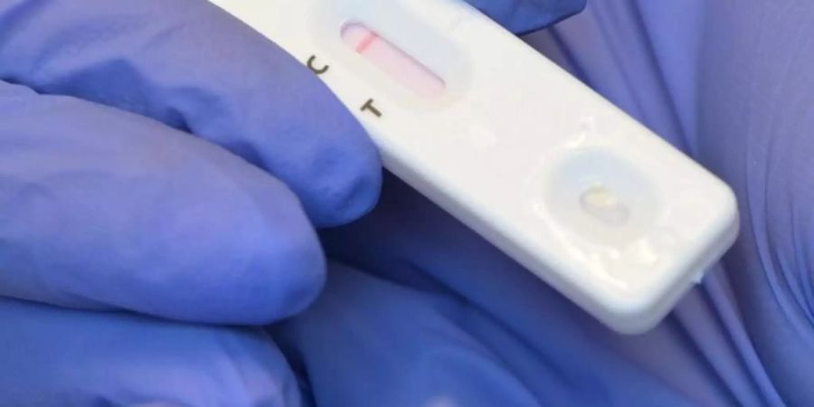 Eine Person hält während eines Corona-Tests den Plastikstreifen mit dem negativen Testergebnis in der Hand. Foto: Soeren Stache/dpa-Zentralbild/dpa