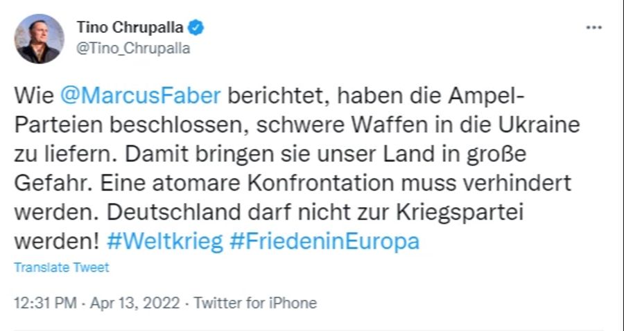 AfD-Politiker Tino Chrupalla warnt auf Twitter vor einem dritten Weltkrieg.