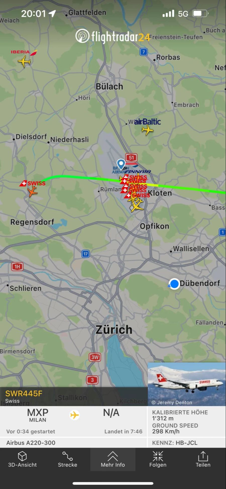 Auch der Flug SWR445F der Swiss musste in Zürich durchstarten.