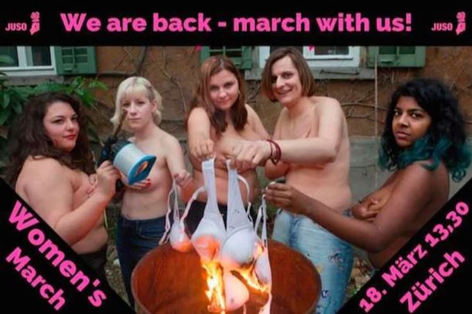 Flyer für den «Women's March» 2017: Die damalige Juso-Präsidentin Tamara Funiciello (links) beim BH-Verbrennen mit Juso-Kolleginnen. Flyer Juso BH Funiciello