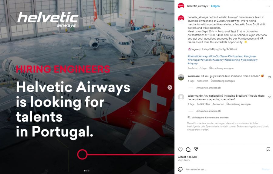 «Helvetic Airways sucht Talente in Portugal», so die Fluggesellschaft auf Instagram.