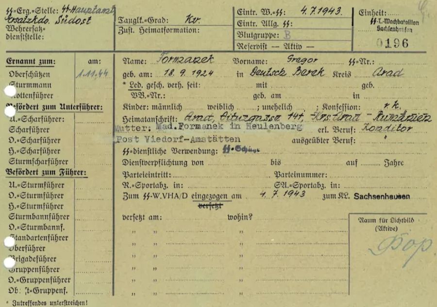 Aus diesem Dokument geht hervor, dass Gregor Formanek seine Arbeit im Konzentrationslager am 4. Juli 1943 aufgenommen hat.