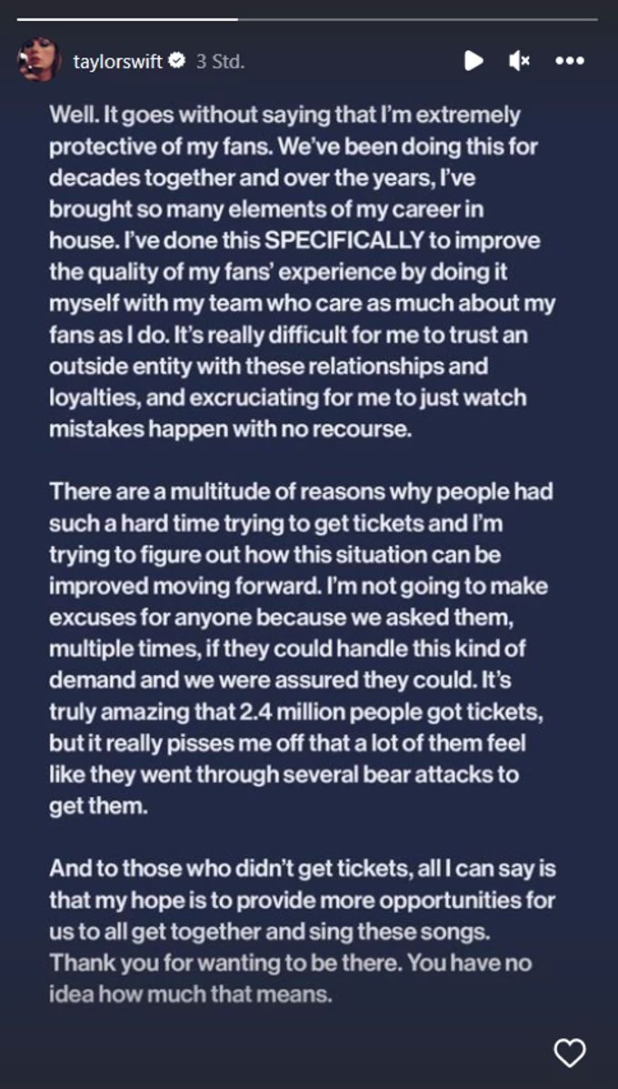 Taylor Swift wendet sich in ihrer Instagram-Story an ihre Fans. taylor swift