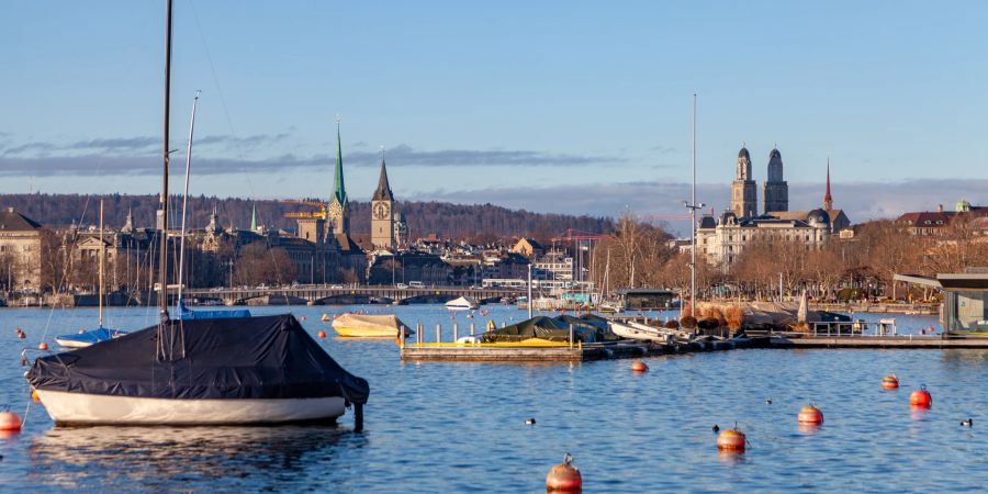 Das rechte Seeufer des Zürichsees mit Aussicht auf die Stadt Zürich.
