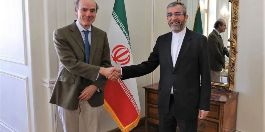 ARCHIV - Der EU-Diplomat Enrique Mora (links) koordiniert die Verhandlungen in Wien - die iranische Delegation wird angeführt von Chefunterhändler Ali Bagheri Kani (rechts). Foto: Uncredited/Iranian Foreign Ministry/AP/dpa - ACHTUNG: Nur zur redaktionellen Verwendung und nur mit vollständiger Nennung des vorstehenden Credits