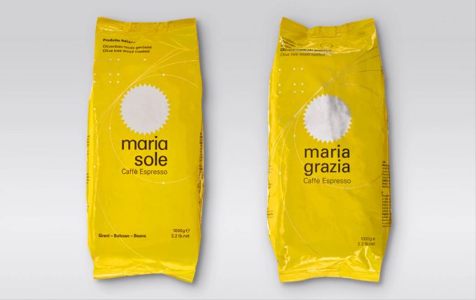 Links das Original einer Kaffee-Röstung, rechts das Plagiat. Kaffee gelb Original Plagiat