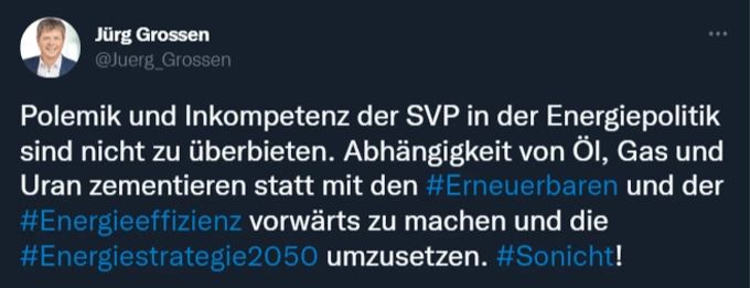 GLP-Präsident Jürg Grossen zur Forderung der SVP, SP-Bundesrätin Simonetta Sommaruga müsse das Energie-Dossier an Ueli Maurer abgeben. SVP SP GLP Energie