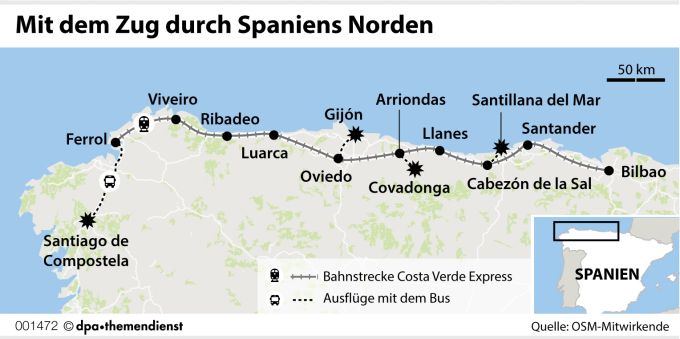 Entschleunigt entlang der Grünen Küste: Für die 600 Kilometer zwischen Santiago de Compostela und Bilbao ist der Costa Verde Express sechs Tage unterwegs. Grafik Grüne Küste Spanien