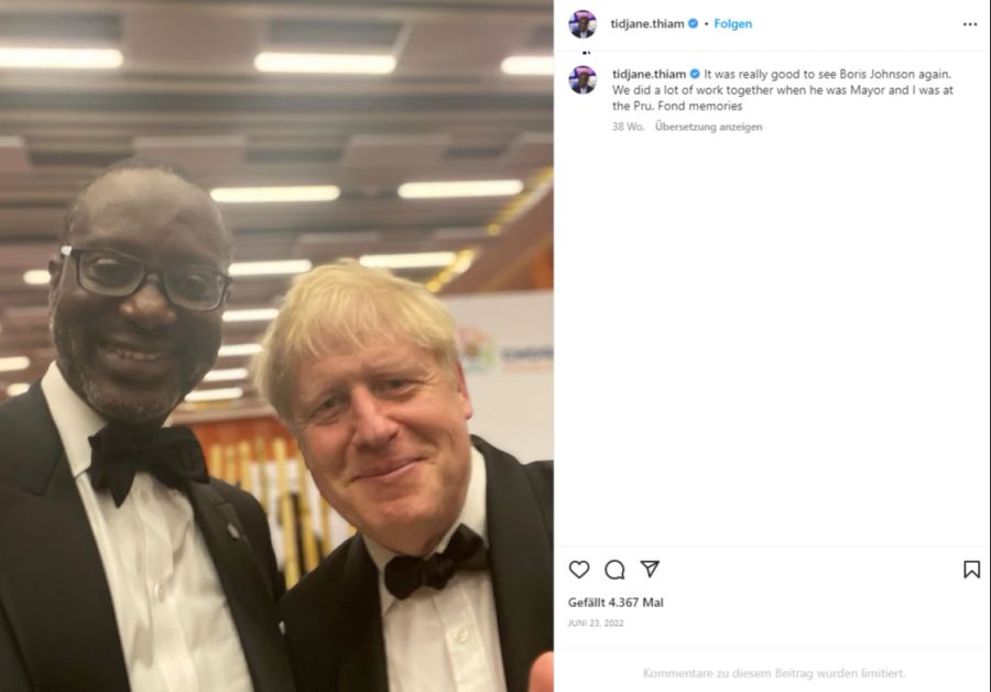 Tidjane Thiam zeigt sich auf Instagram mit einflussreichen Persönlichkeiten – wie dem ehemaligen Briten-Premier Boris Johnson.