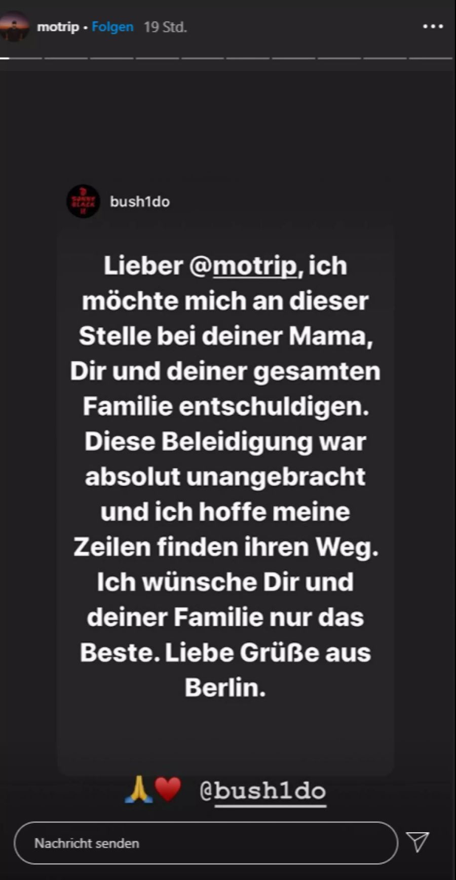 MoTrip, Bushido, Entschuldigung