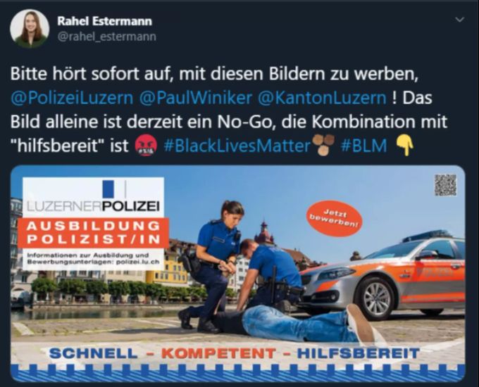 Auch auf einem Werbe-Plakat der Luzerner Polizei ist die Szene aus dem Video zu sehen. Für Grünen-Politikerin Rahel Estermann ein «No-Go». Luzerner Polizei Estermann