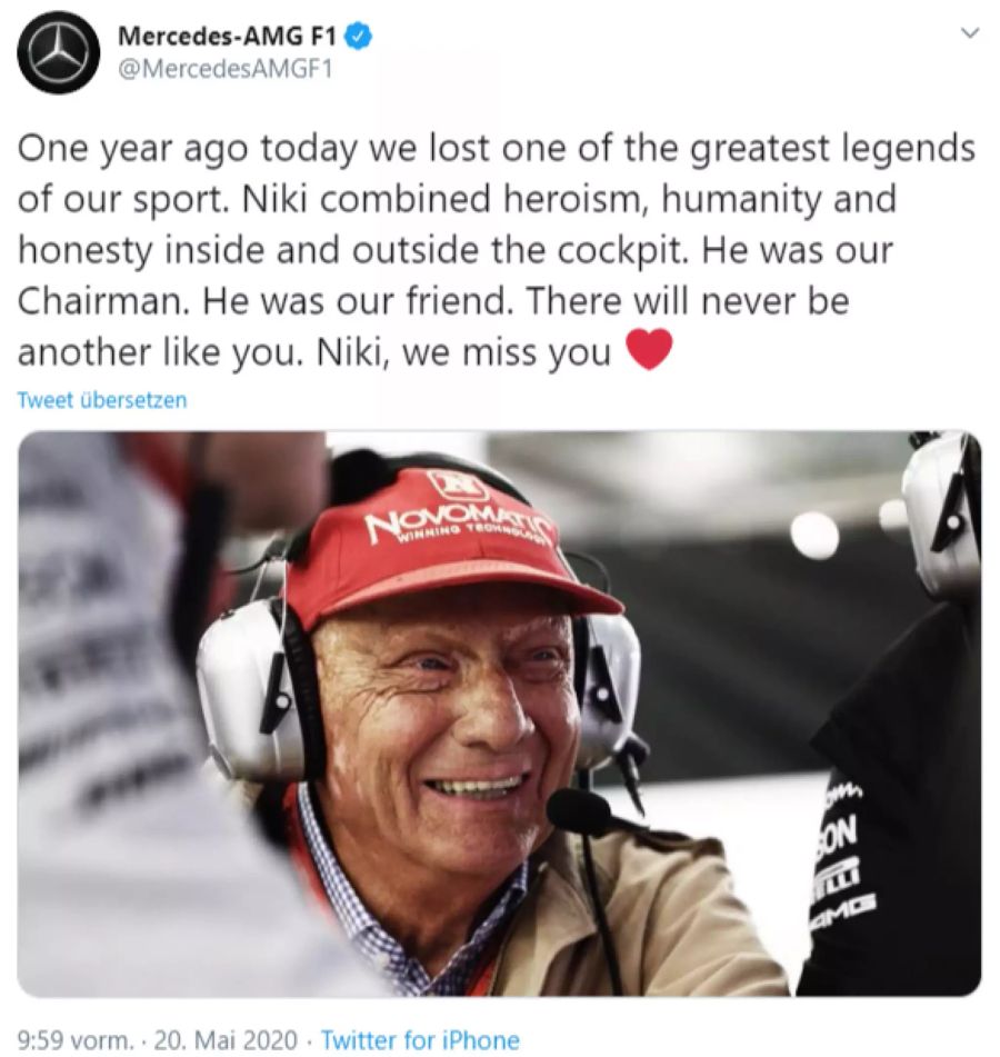 «Vor einem Jahr verloren wir eine der grössten Legenden in unserem Sport. Niki verband Heldentum, Menschlichkeit und Ehrlichkeit.»