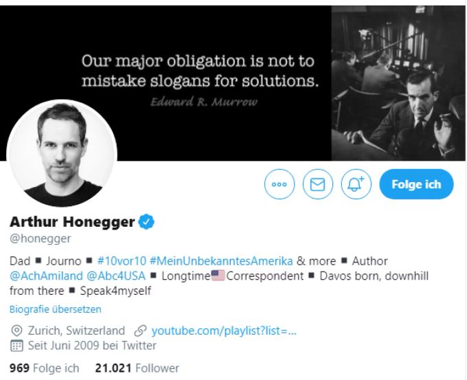 Honegger schmückt sich auf Twitter selbst mit dem Hashtag «10vor10». arthur honegger
