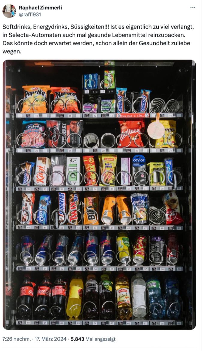 Mit diesem Tweet will Mitte-Politiker Raphael Zimmerli darauf aufmerksam machen, wie wenig Gesundes in Selecta-Automaten angeboten wird. mitte