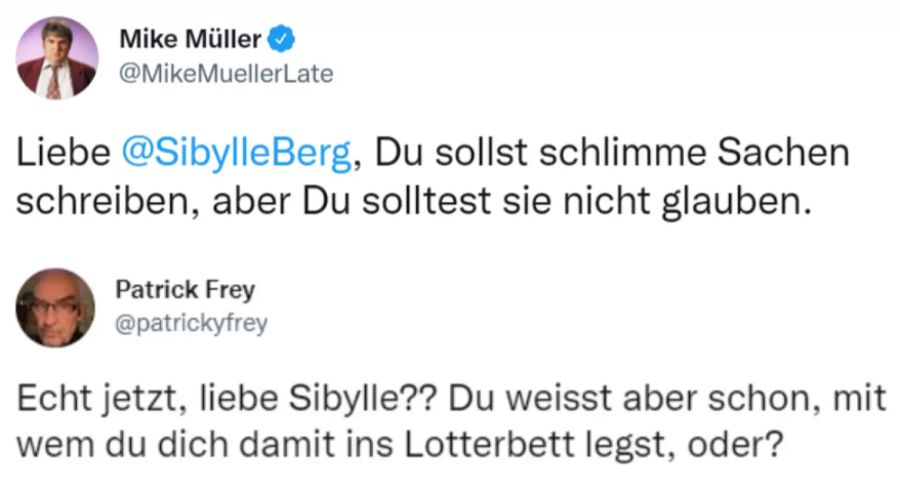 Komiker Mike Müller und Verleger Patrick Frey haben wenig Verständnis für die «liebe Sibylle» und ihr Komitee gegen das Zertifikat.