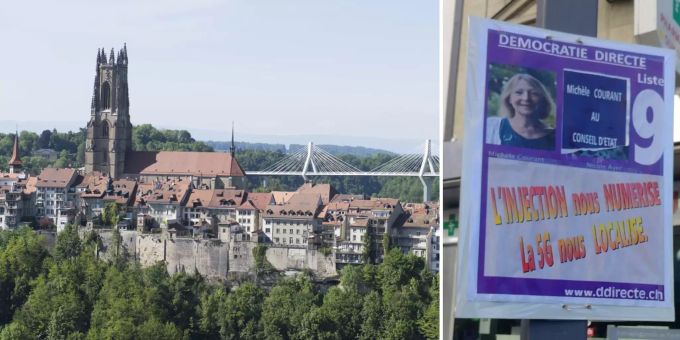 Mit diesem Wahlplakat möchte Michèle Courant in den Freiburger Staatsrat. Freiburg Schwurbler