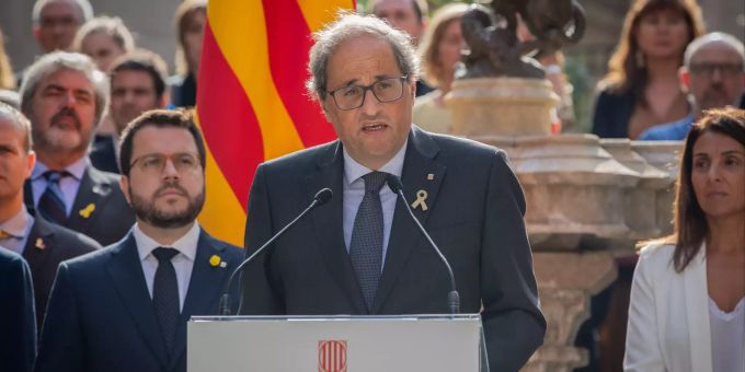 Quim Torra, Regionalpräsident von Katalonien, nimmt in Barcelona an einer Veranstaltung anlässlich des Jahrestages des Referendums teil. Am 01.10.2019 jährt sich zum zweiten Mal das umstrittene Unabhängigkeitsreferendum der spanischen Krisenregion Katalonien. Zweiter Jahrestag des Katalonien-Referendums