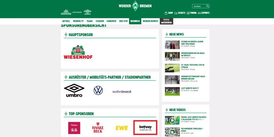 Bei Werder Bremen ist das Logo von «Betway» verlinkt, führt jedoch auf eine interne Seite.