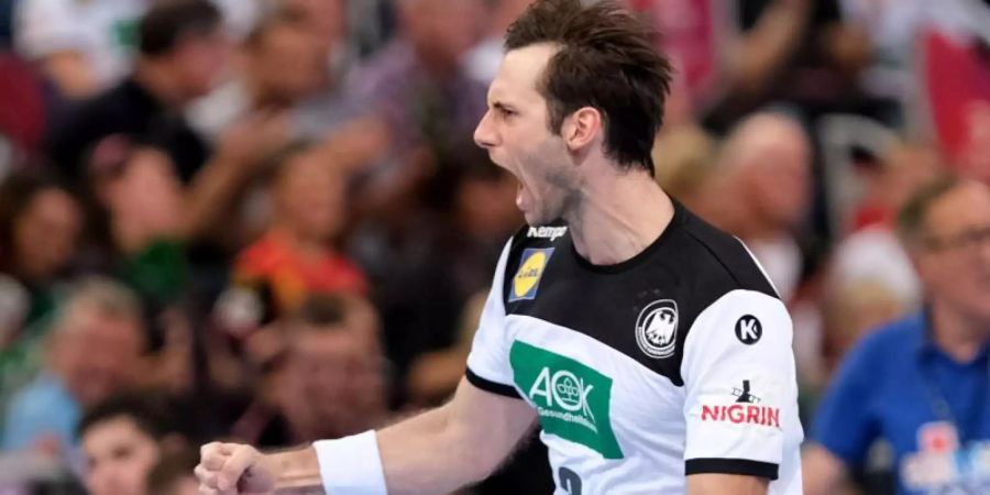Uwe Gensheimer im Trikot der deutschen Handball-Nationalmannschaft. Foto: Peter Steffen/dpa